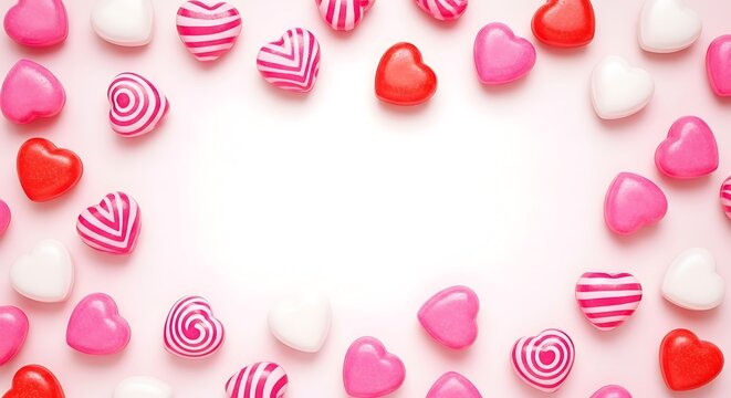 Assortment of pink and white striped candy hearts scattered on white background