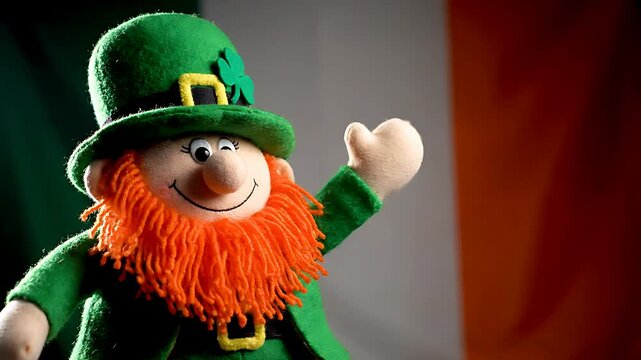 Adorable plush leprechaun toy featuring vibrant orange beard, green attire, and buckled hat with shamrock accent, perfectly suited for St. Patrick's Day celebrations and Irish folklore themes.