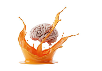 Realistic human brain splashing out of vibrant orange liquid or juice splash isolated on transparent background