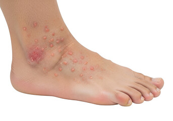 Closeup of human foot and ankle showing numerous small red blisters and inflamed skin patches, isolated on transparent background