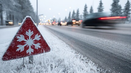 Red Snowflake Road Warning Sign with Frost and Traffic in Winter Scenery at Dusk