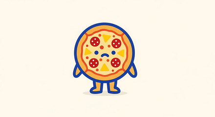 Sad cartoon pizza character illustration with thick blue outlines