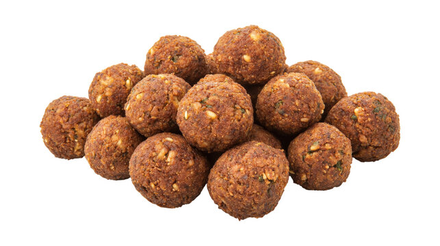 A pile of small, brown balls on a white background