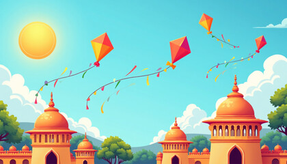 Sankranti Harvest Festival with Colorful Kites Flat Vector Illustration