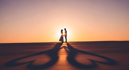 Couple holding hands walking into sunset on beach with warm golden light and long shadows