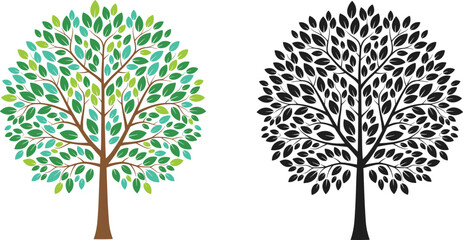 Fototapeta premium Colorful and black tree illustration set with leafy branches isolated on white background for nature design logo decoration vector art branding elements