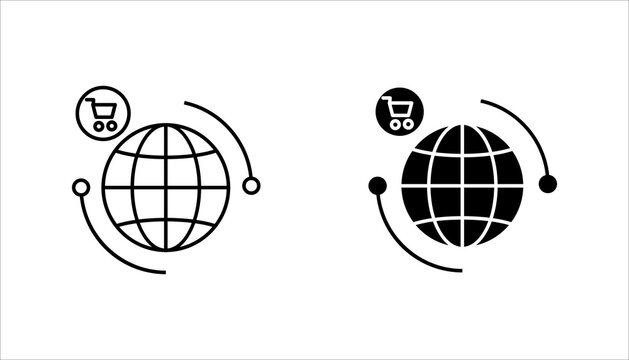 Line icon set. of a globe with shopping cart symbol representing global ecommerce, international trade, online shopping, and worldwide business network.