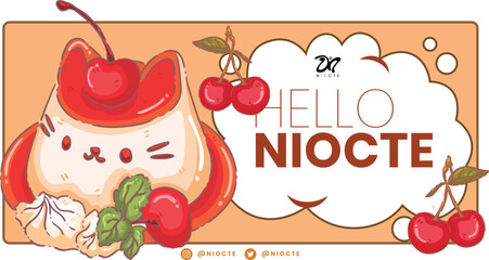 Kawaii Cat Pudding Dessert Illustration - Cute Animal Shaped Panna Cotta with Fresh Cherries and Whipped Cream