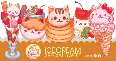 Kawaii Cat Dessert Collection Banner - Cute Kitten Ice Cream, Pancakes, Pudding, and Parfait Illustrations