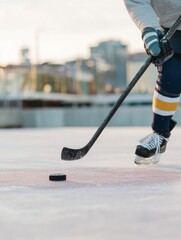 Obraz premium Ice hockey puck on frozen rink with player and stick for professional sports promotion and winter league advertising banner, featuring dynamic arena setting
