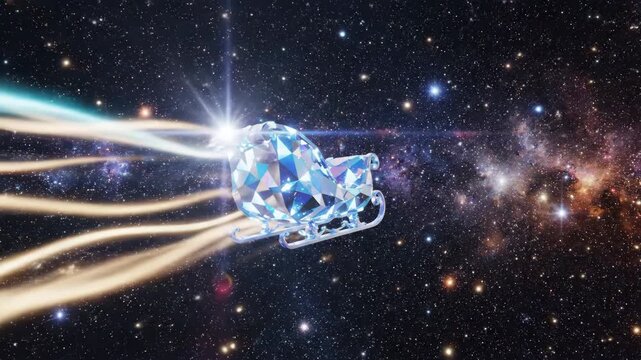 Seamless loop of geometric abstract representation of a speeding sleigh leaving glowing light trails across an infinite field of stars field, minimalist, technology