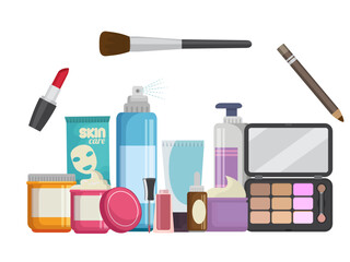 various makeup skincare products colorful illustration