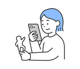スマートフォンでアクリルスタンドを撮影する女性のイラスト　ベクター