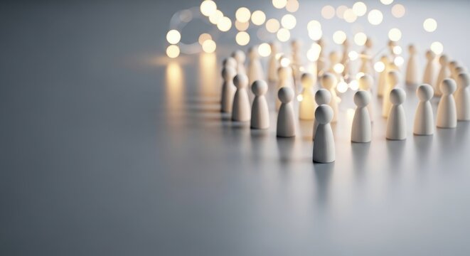 Wooden peg dolls arranged in a circle with glowing bokeh lights representing teamwork, leadership, and community on a dark reflective surface