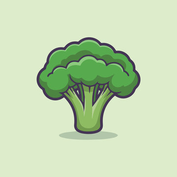 A fresh and healthy cartoon broccoli florette is vividly illustrated in various shades of green, standing upright against a light green background, ready for consumption.