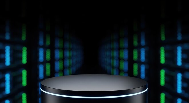 Futuristic black podium with blue neon glow in a dark blurred data center server room background for technology product presentation and digital concept