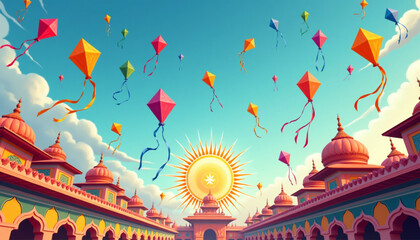 Makar Sankranti Kite Festival Celebration Over Indian Rooftops Flat Vector