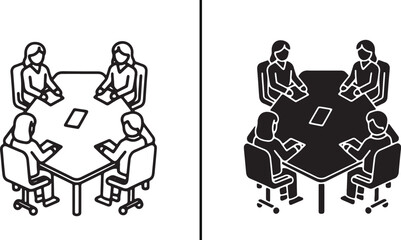 Four businesswomen sit around a square conference table in two distinct styles, one outline and one solid black.