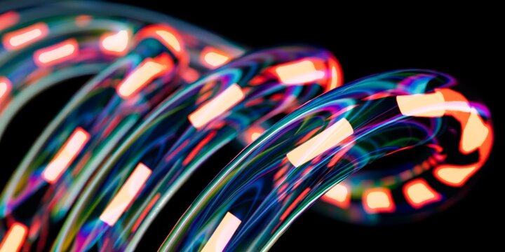 Abstract 3D Render of Glowing Fiber Optic Cables with Iridescent Glass Texture and Neon Light Pulses