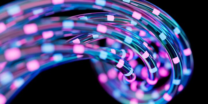 Futuristic abstract 3D visualization of luminous fiber-optic strands emitting iridescent blue and pink neon light pulses, high-detail cinematic render. Suitable for AI