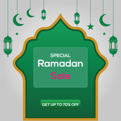 Green and gold graphic advertisement promotes a special Ramadan sale offering up to seventy percent discount on products.