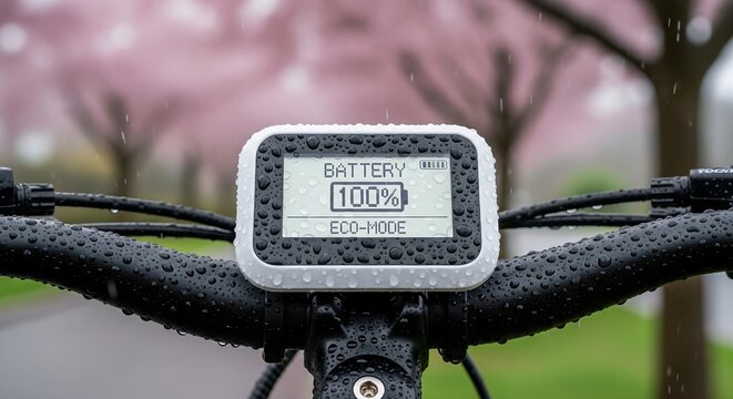 Electric bicycle display showing battery charge and eco mode with a blurred background of trees in bloom