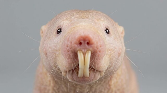 Closeup of a naked molerat with prominent teeth looking directly at the camera.