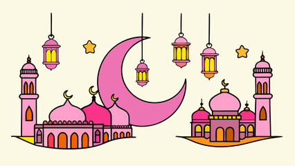 Illustrated mosque with crescent moon and lanterns
