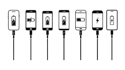 A series of smartphones with charging cables and varying battery levels
