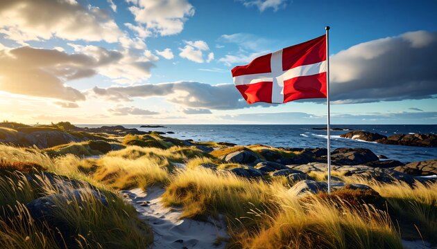 A coastal landscape features a waving flag against a blue sky with clouds. The foreground shows grassy dunes and rocks near the sea
