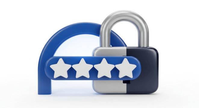 Modern 3D padlock with four star rating representing strong password protection, high security standards, trusted privacy and account safety

