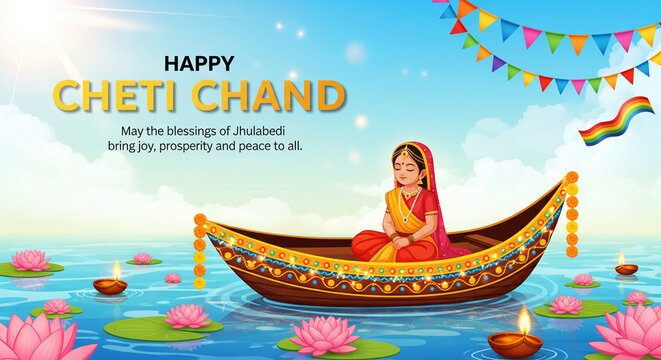 Happy Cheti Chand Festival Celebration with Lord Jhulelal in Traditional Boat on Water with Flowers and Diya Lights Festive Background