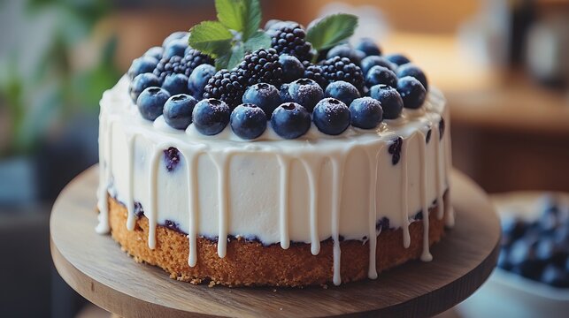 Delicious Blueberry Cheesecake with White Icing and Fresh Berries on Wooden Plate