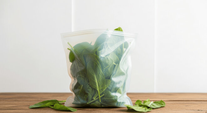 Fresh green spinach leaves stored in a reusable silicone food bag, eco friendly kitchen solution for zero waste meal prep and refrigerator organization

