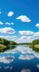 Obraz premium Calm Lake Reflections Green Trees Blue Sky