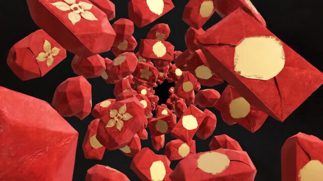Seamless loop of geometrically styled three-dimensional red envelopes with blank gold patterns continuously expanding and flowing outward into infinity packaging, abstract, digital art