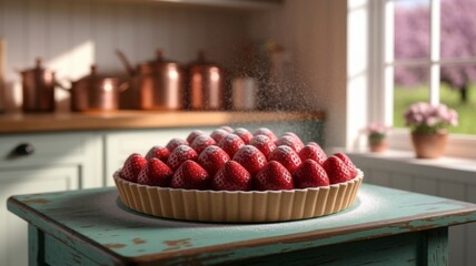 Strawberry Tart on Rustic Kitchen Table in Natural Light
