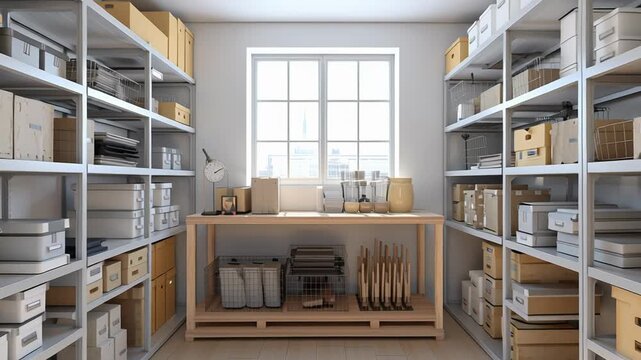 Bright and organized interior storage room with a systematic layout, emphasis on clarity and efficiency, balanced composition, fresh neutral palette, realistic daylight illumination, editorial 