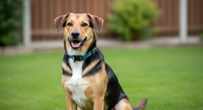 Happy Mixed Breed Dog Sitting Attentively on Lush Green Backyard Lawn Outdoors