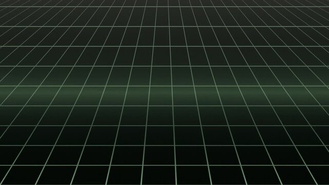 A perspective grid, receding into the distance, glows with a soft, neon green on black