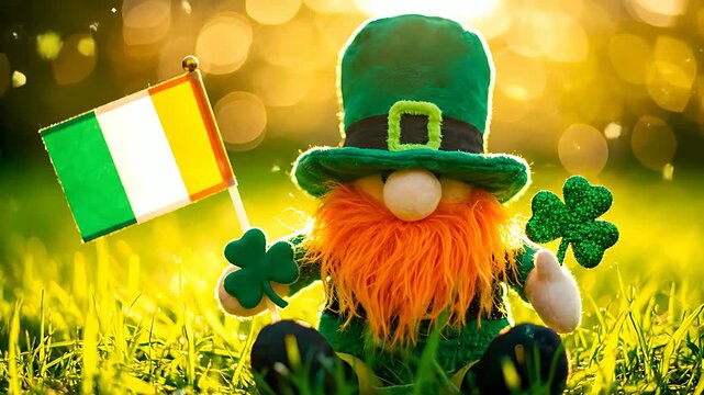 Adorable leprechaun gnome holding a vibrant Irish flag and sparkling shamrocks celebrates the cheerful spirit of Saint Patrick's day outdoors.
