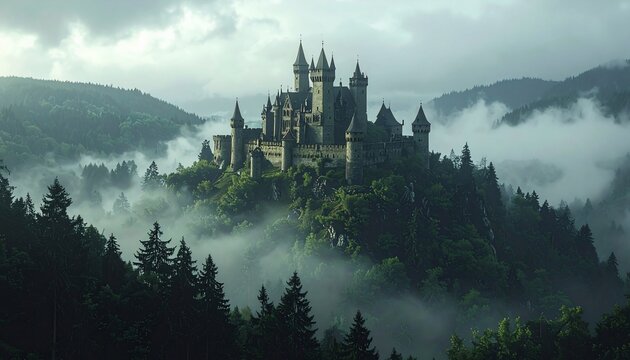 Majestic stone castle atop a verdant hill, partially shrouded in ethereal morning mist