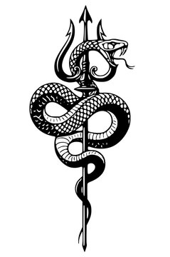 Fierce snake wrapped around trident with aggressive expression