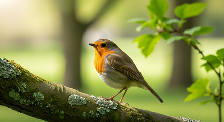 Fototapeta premium Charming European Robin Perched on a Mossy Branch in a Lush Green Springtime Garden Setting