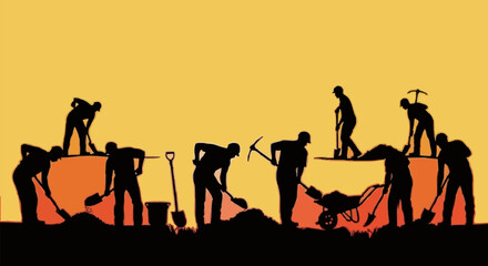 Construction workers digging and moving dirt at sunset silhouette. © raka