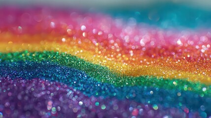 Close Up of Sparkling Rainbow Glitter Gradient of Purple Blue Green Yellow Orange and Pink Glittering Abstract Background Soft Lighting