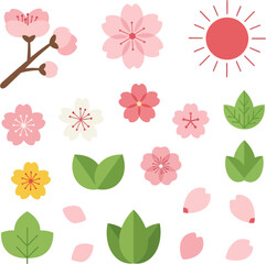 Obraz premium Japanese Spring Icon Set with Sakura Flowers, Leaves and Sun, Flat Vector Illustration of Cherry Blossom Elements in Traditional Japan Style