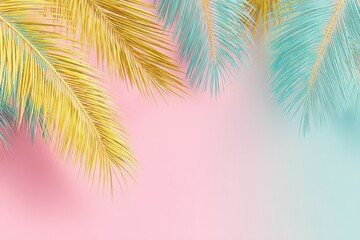 Elegant Gold and Blue Palm Leaf Sprigs on Soft Pink Background for Summery Exotic Tropical Appeal