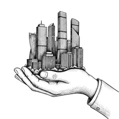 City Skyline in Hand Illustration &ndash; Urban Real Estate Property Concept Art