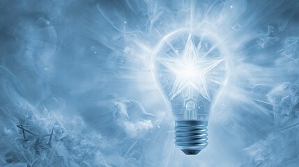 Glowing Lightbulb with Star Center Amidst Winter Ice in Blue Hues